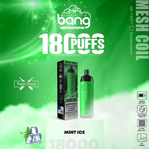 A green-themed advertisement for Bang Disposable Vape with "18000 PUFFS" in large text, featuring a mint ice flavor, mesh coil, and Type-C rechargeable battery, alongside product packaging and nicotine warning.