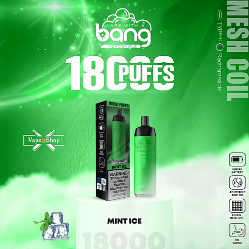 Une publicité sur le thème vert pour Bang Disposable Vape avec « 18000 PUFFS » en gros texte, présentant une saveur de glace à la menthe, une bobine en maille et une batterie rechargeable de type C, ainsi qu'un emballage du produit et un avertissement concernant la nicotine.