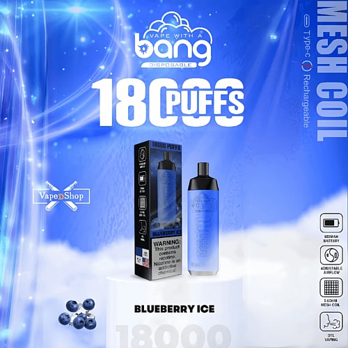 "Blueberry Ice vape packaging displaying 18,000 puffs, 650mAh battery, mesh coil, and adjustable airflow features, with blueberries and a warning label about nicotine content."