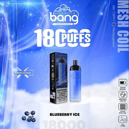 « Emballage de vape Blueberry Ice affichant 18 000 bouffées, une batterie de 650 mAh, une bobine en maille et des fonctions de flux d'air réglables, avec des myrtilles et une étiquette d'avertissement sur la teneur en nicotine. »