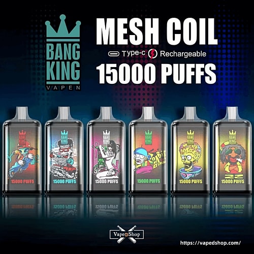 Bang King disposable vape devices with various colorful designs, featuring mesh coils, Type-C rechargeability, and offering 15,000 puffs.