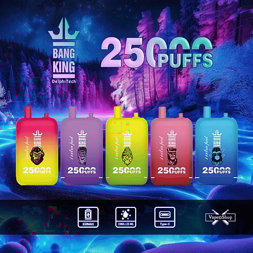 Colorful disposable vape devices with "Bang King" branding, featuring 25,000 puffs capacity and Type-C charging, displayed against a neon-lit, futuristic forest background.