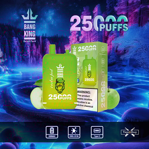 Dispositivo de vapeo desechable Bang King de 25000 bocanadas con un diseño de sabor a manzana verde, que muestra los íconos "650mAh", "23ML" y "Tipo-C", con un fondo colorido con árboles de neón y un río.