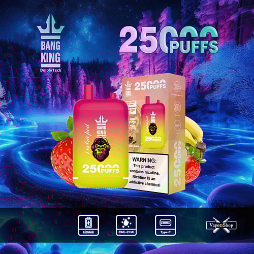 Un colorido dispositivo de vapeo desechable etiquetado como "Bang King" con 25.000 bocanadas, que presenta un diseño vibrante con un logotipo de calavera, rodeado de fresas, plátanos y una etiqueta de advertencia sobre la nicotina.