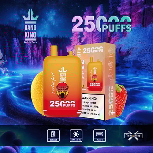 Dispositivo de vapeo de la marca Bang King con el texto "25000 bocanadas", un logotipo de gorila, junto con una caja de producto con una etiqueta de advertencia e íconos que indican características como batería de 650 mAh, capacidad de 23 ml y carga tipo C.
