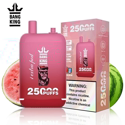 Dispositivo de vapeo desechable Bang King de 25000 bocanadas con empaque con sabor a sandía y etiqueta de advertencia de nicotina.