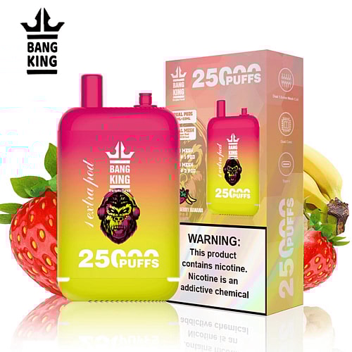 Un colorido dispositivo de vapeo Bang King con 25.000 bocanadas, sabor a fresa y plátano y una etiqueta de advertencia sobre la nicotina.