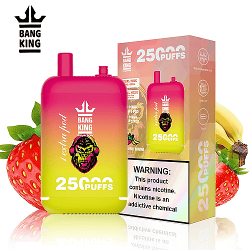 Un colorato dispositivo per svapare Bang King con 25.000 boccate, caratterizzato da un sapore di fragola e banana e da un'etichetta di avvertenza sulla nicotina.