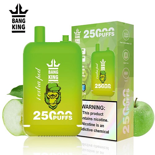 Dispositivo de vapeo Green Bang King con texto "25000 caladas", una cara de gorila ilustrada y un empaque del producto. En el empaque se muestran advertencias sobre la adicción a la nicotina.