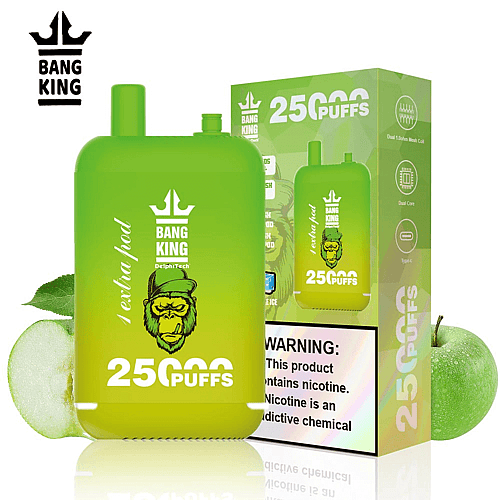 Dispositivo di svapo Green Bang King con testo "25000 puffs", un volto di gorilla illustrato e la confezione del prodotto. Avvertenze sulla dipendenza da nicotina sono visualizzate sulla confezione.