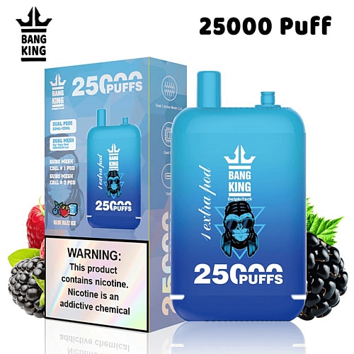 Un vaporizador desechable Bang King de color azul con la etiqueta "25000 Puffs" y un empaque que muestra opciones de sabor y una advertencia sobre la nicotina.