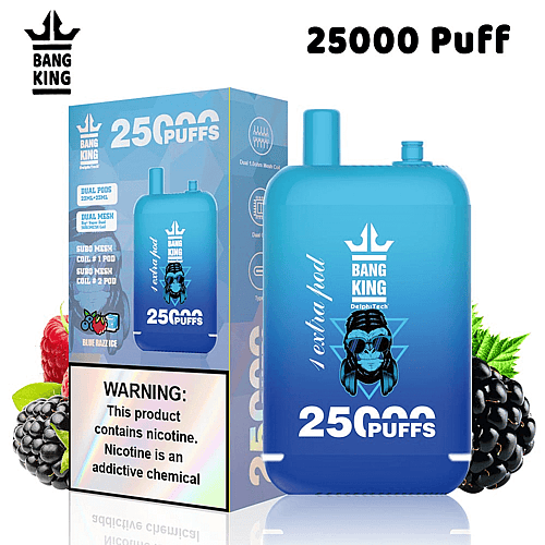 Una sigaretta elettronica usa e getta Bang King blu con l'etichetta "25000 tiri" e la confezione che mostra i gusti disponibili e un'avvertenza sulla nicotina.