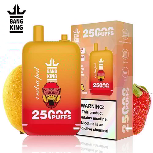 Dispositivo de vapeo Bang King con 25.000 bocanadas, que presenta un diseño degradado en rojo y amarillo, un logotipo de gorila e imágenes de frutas de limón y fresa.