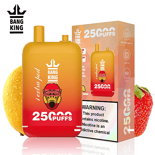 Dispositivo per svapare Bang King con 25.000 boccate, caratterizzato da un design sfumato rosso e giallo, un logo con un gorilla e immagini di frutta come limone e fragola.