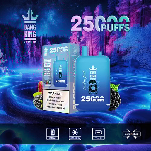 Dispositivo de vapeo azul y empaque con la etiqueta "BANG KING" con "25000 PUFFS" resaltado sobre un fondo de bosque vibrante y futurista con tonos púrpuras y azules brillantes.