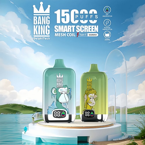 Two colorful vape devices with ape illustrations, labeled "Bang King" and "15,000 puffs," are displayed on a platform by a serene lake with a blue sky and clouds in the background.