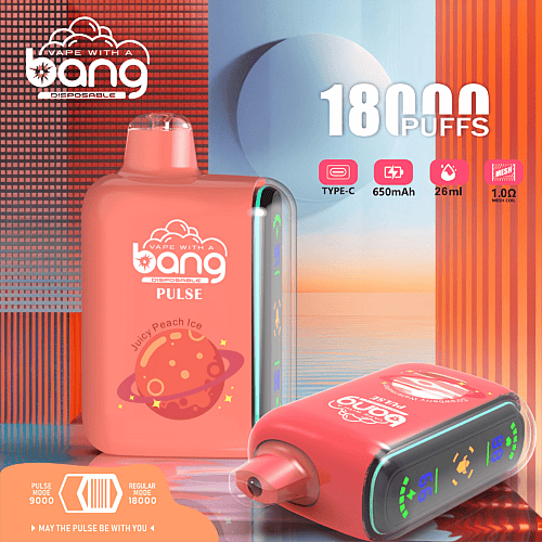 Red disposable vape device with "Bang" branding, labeled "Pulse" and "Juicy Peach Ice" flavor. The device advertises 18,000 puffs, a 650mAh battery, 26ml e-liquid capacity, Type-C charging, and 1.0Ω mesh coil. The design includes a planetary graphic and digital display.