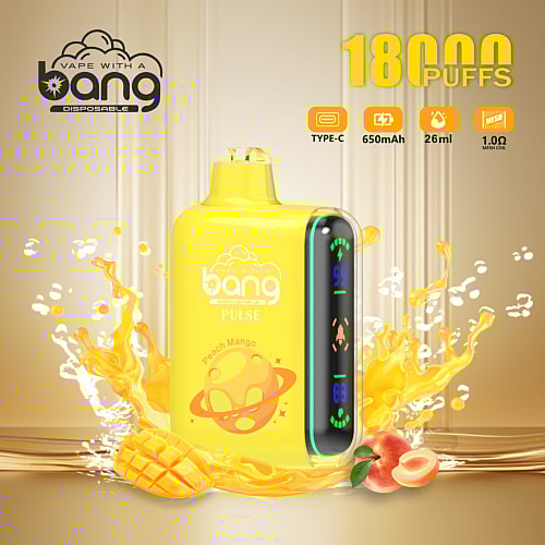 Yellow disposable vape device labeled "Bang Pulse" with the flavor "Peach Mango," featuring a digital display, 18,000 puffs, and specifications including 650mAh battery, 26ml capacity, Type-C charging, and 1.0Ω mesh coil.