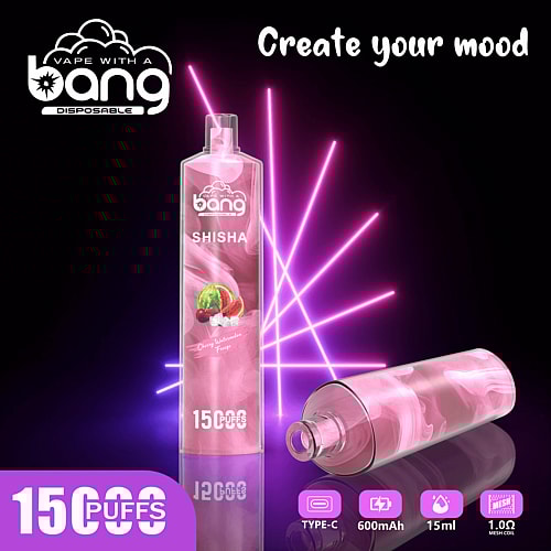 A pink disposable vape device with "Bang" branding, labeled "Shisha," and flavor "Cherry Watermelon Fuego," with 15,000 puffs, 600mAh battery, and Type-C charging.