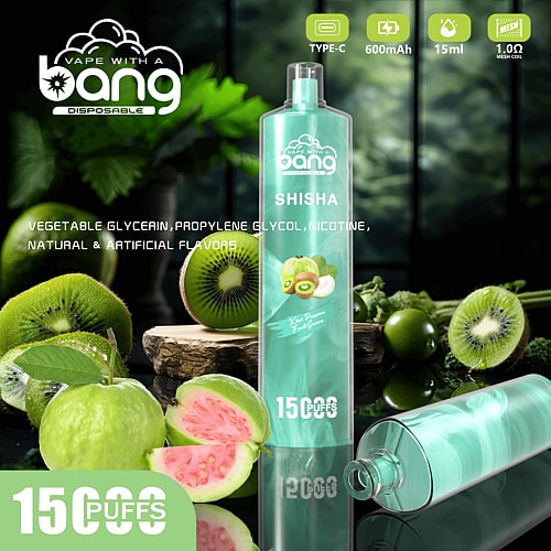 Disposable vape pen with a "Vape with a Bang" branding, featuring a kiwi, passion fruit, and guava flavor. The device includes Type-C charging, a 600mAh battery, 15ml capacity, and offers 15,000 puffs.