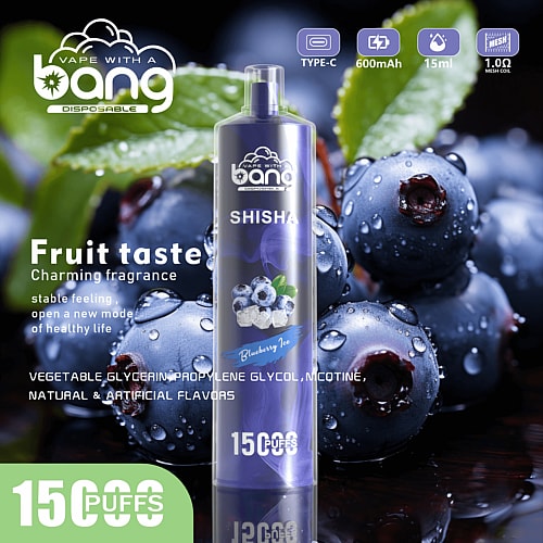 Vape device with "Bang" branding, featuring a blueberry ice flavor, offering 15,000 puffs, with product details like 600mAh battery, 15ml capacity, and Type-C charging. The background shows fresh blueberries.