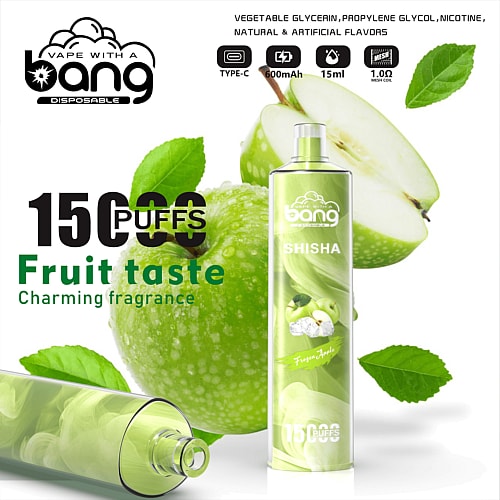 Disposable vape device with a "Bang" brand logo, featuring 15000 puffs, fruit flavor, and "Frozen Apple" shisha, alongside images of green apples, a Type-C charging icon, 600mAh battery, 15ml capacity, and 1.0Ω mesh coil details.