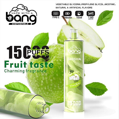 Einweg-Vaping-Gerät mit einem „Bang“-Markenlogo, 15.000 Zügen, Fruchtgeschmack und „Frozen Apple“-Shisha, neben Bildern von grünen Äpfeln, einem Typ-C-Ladesymbol, 600-mAh-Akku, 15 ml Fassungsvermögen und 1,0-Ω-Netzspulendetails.