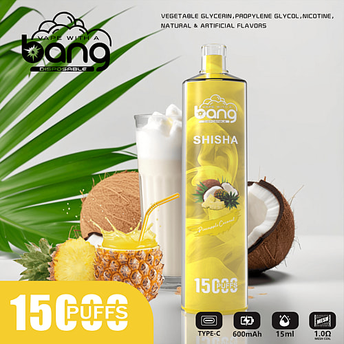 Vape product advertisement featuring a pineapple coconut-flavored disposable vape device, a pina colada drink, a coconut, and a pineapple slice with green leaves in the background. The text highlights 15,000 puffs, 600mAh battery, and 15ml capacity.