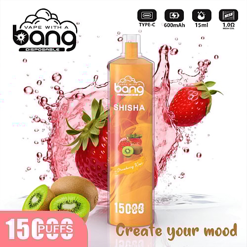 Disposable vape device with "Vape with a Bang" branding, featuring a strawberry and kiwi flavor, 600mAh battery, 15ml capacity, and 15,000 puffs.