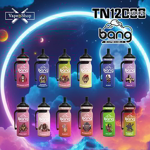 A variety of Bang disposable vape devices in different flavors, arranged against a colorful cosmic background with clouds, planets, and stars.
