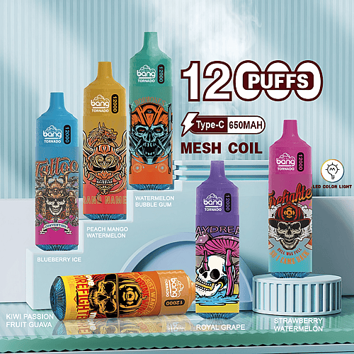 Einwegverdampfer von Bang Tornado mit 12.000 Zügen, Mesh-Coil-Technologie; Geschmacksrichtungen umfassen Blueberry Ice, Pfirsich-Mango-Wassermelone, Wassermelonen-Kaugummi, Kiwi-Passionsfrucht-Guave, Royal Grape und Erdbeer-Wassermelone.