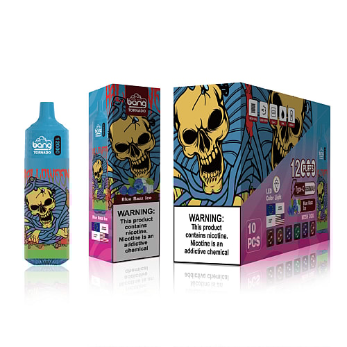 Blaue und rosafarbene Verpackung für Einweg-Vape-Pens mit einem Totenkopfdesign im Halloween-Stil und Warnungen vor Nikotinsucht.