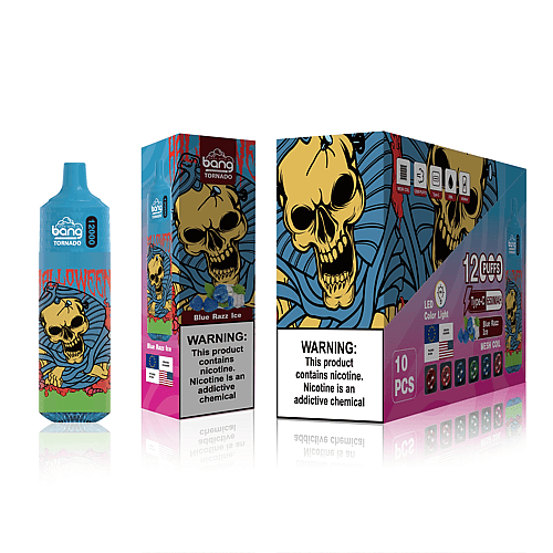 Embalaje de vaporizador desechable azul y rosa con diseño de calavera con temática de Halloween y advertencias sobre la adicción a la nicotina.