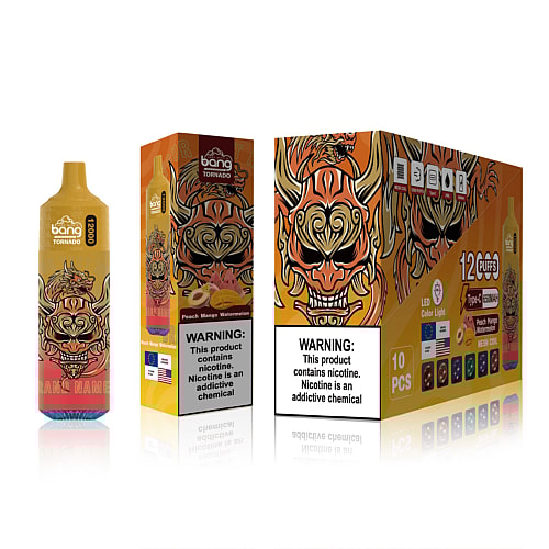 Einweg-Vaporizer von Bang Tornado mit Pfirsich-Mango-Wassermelonengeschmack und Tigerdesign, abgebildet neben der Verpackung und Warnhinweisen mit Angaben zum Nikotingehalt.