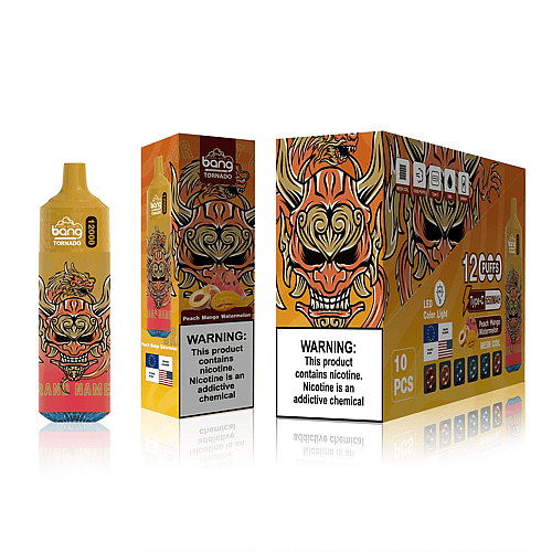 Vaporizador desechable Bang Tornado en sabor a melocotón, mango y sandía con diseño de tigre, mostrado junto a su empaque y etiquetas de advertencia que indican el contenido de nicotina.