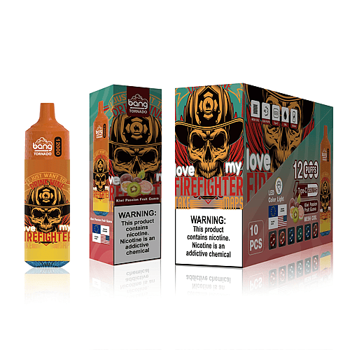 Dispositivo de vapeo Bang Tornado y empaque que presenta una calavera con un casco de bombero, con la etiqueta "Kiwi Passion Fruit Guava" y una advertencia sobre la adicción a la nicotina.