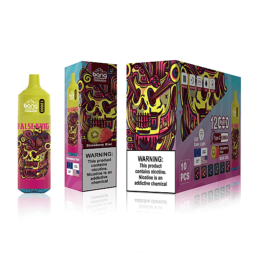 Envase de vaporizador de colores brillantes con un diseño de calavera estilizada con detalles llamativos en rosa, amarillo y negro, que promociona un vaporizador desechable con sabor a "fresa y kiwi" con 12 000 caladas. El paquete incluye una etiqueta de advertencia sobre la nicotina.