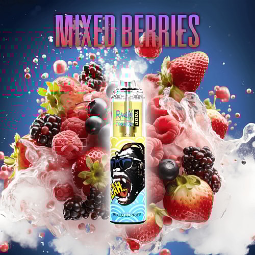 Mixed berries with a vape pen featuring a gorilla graphic, surrounded by colorful berries and smoke, with the text "MIXED BERRIES" at the top.