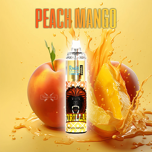 A vape product labeled "Gorillas Peach Mango" with images of a peach, mango, and splashes of juice in the background.
