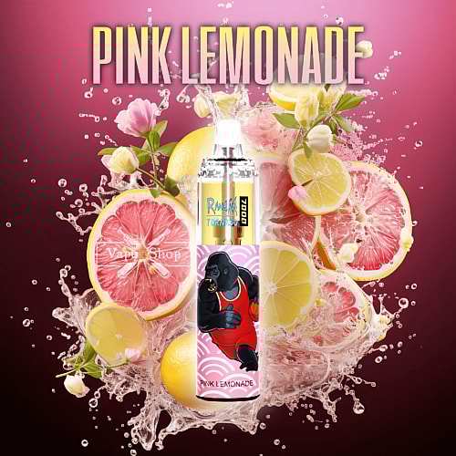 A vape pen labeled "PINK LEMONADE" with a graphic of a muscular gorilla wearing a red tank top, set against a vibrant background of pink and yellow lemon slices, pink flowers, and splashing liquid.