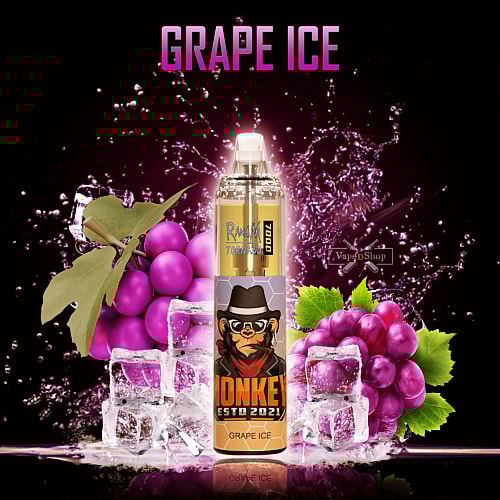 A vape device with "Grape Ice" flavor branding, featuring images of grapes, ice cubes, and a cartoon monkey logo.