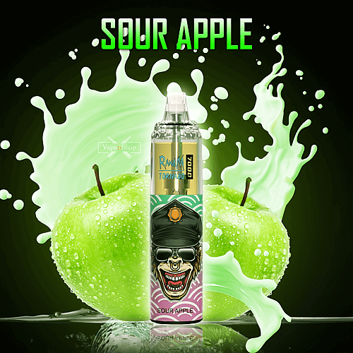 "Caneta vaporizadora Sour Apple com um desenho estilizado de uma figura sorridente usando óculos escuros e boné, em contraste com maçãs verdes e respingos de líquido verde."