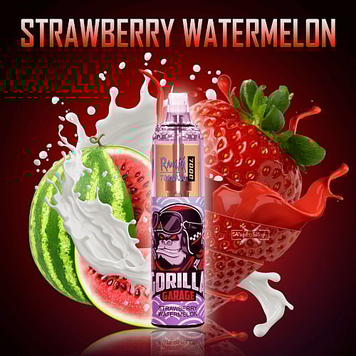 Gorilla Garage vape product labeled "Strawberry Watermelon" with large images of strawberries, watermelon slices, and splashes of liquid in the background.