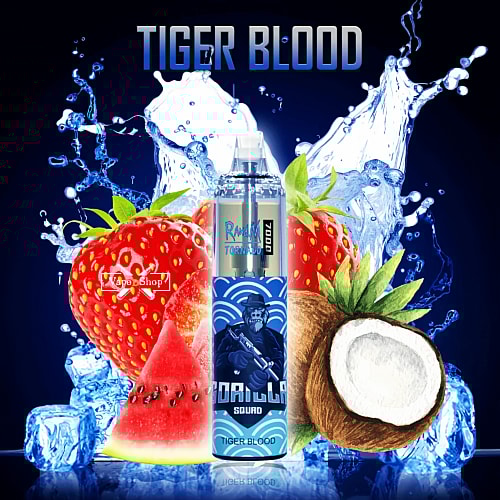 E-liquid bottle labeled "Tiger Blood" with images of strawberries, watermelon, coconut, and splashes of water in the background.