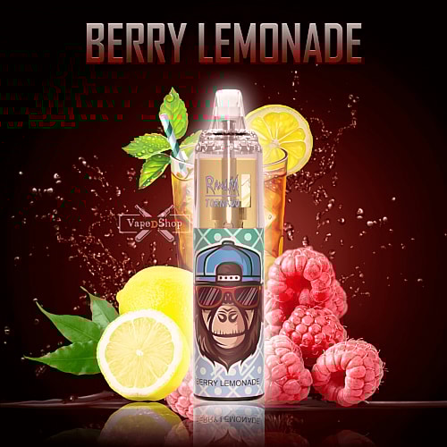 Berry lemonade vape pen with a cartoon bear wearing sunglasses, surrounded by raspberries, lemons, and a glass of lemonade on a dark background.