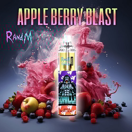 A vape device labeled "RandM Tornado 7000" with "Gorilla" branding and flavor "Apple Berry Blast," surrounded by a colorful splash of apple and berry fruits.