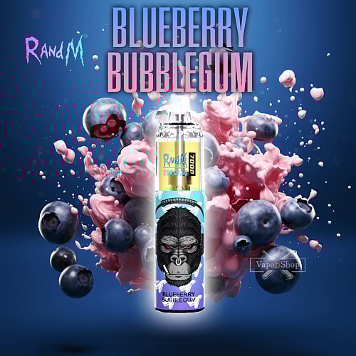 RandM Tornado vape with "Blueberry Bubblegum" flavor, surrounded by splashing blueberries and pink bubblegum on a dark blue background.
