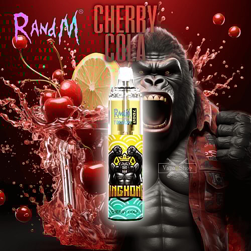 Cherry-flavored vape pen with a gorilla graphic, surrounded by splashing cherry cola, lemon slice, and brand logos.