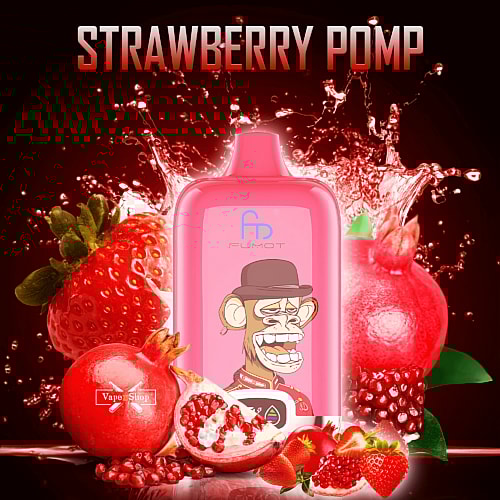 A pink RandM Digital Box 12000 vape device labeled "FUMOT" with a cartoon monkey logo, surrounded by strawberries and pomegranates, with the text "STRAWBERRY POMP" at the top.