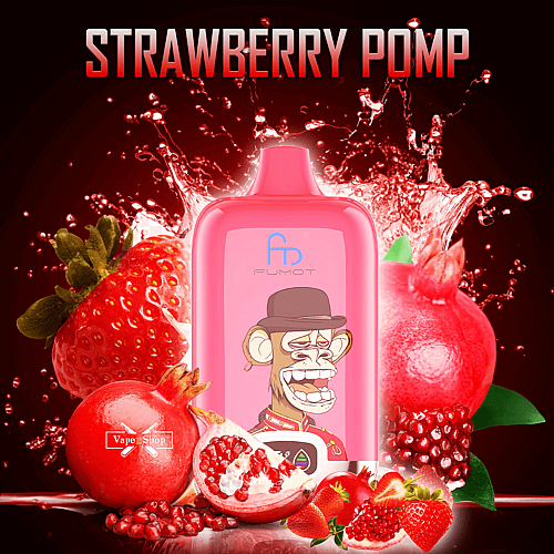 A pink RandM Digital Box 12000 vape device labeled "FUMOT" with a cartoon monkey logo, surrounded by strawberries and pomegranates, with the text "STRAWBERRY POMP" at the top.
